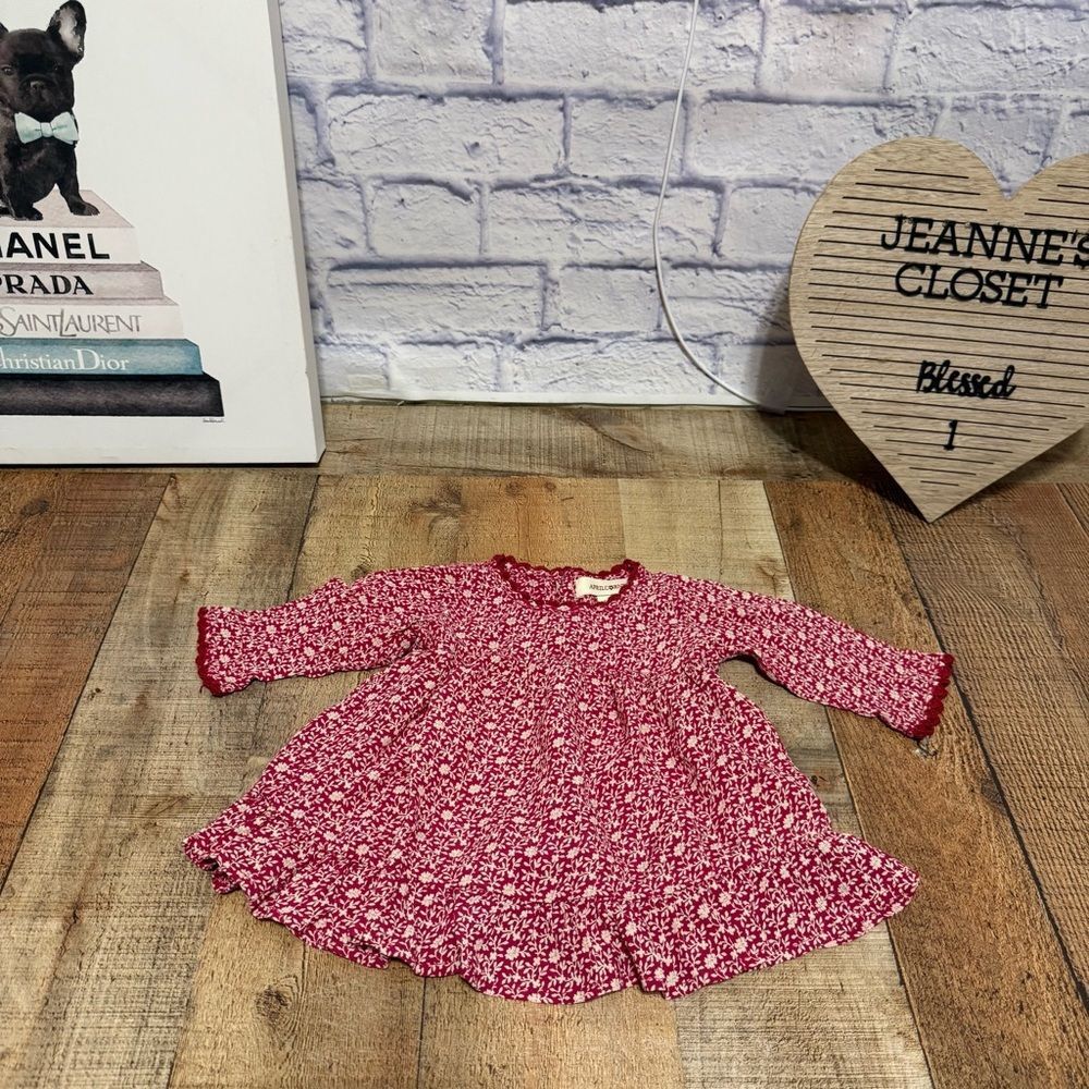 April Cornell Dress Red cream Floral Romantic 0-6 M Cottagecore Party Easter